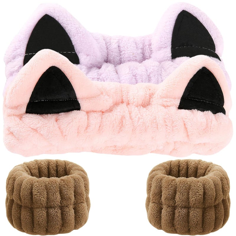 Waliah Cat Ears Headband, Cute Spa Headband and Wristband Set Washing Face Skincare Makeup Headbands for Women Girls Trendy Stuff Present Soft Coral Fleece Hair Accessories(Pink Purple+Khaki) - Image 1